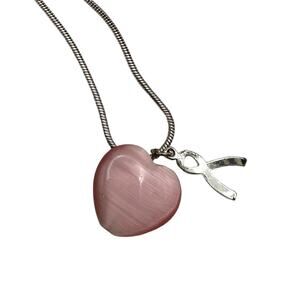 Pink Cat Eye Heart Shaped Breast Cancer Awareness Silver Tone Necklace
